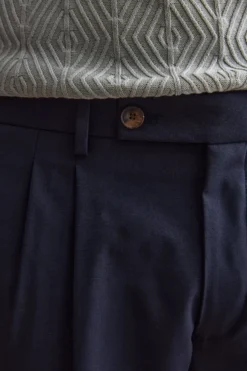 Pantalone Gamba Dritta con Pinces in Misto Lana - BLU