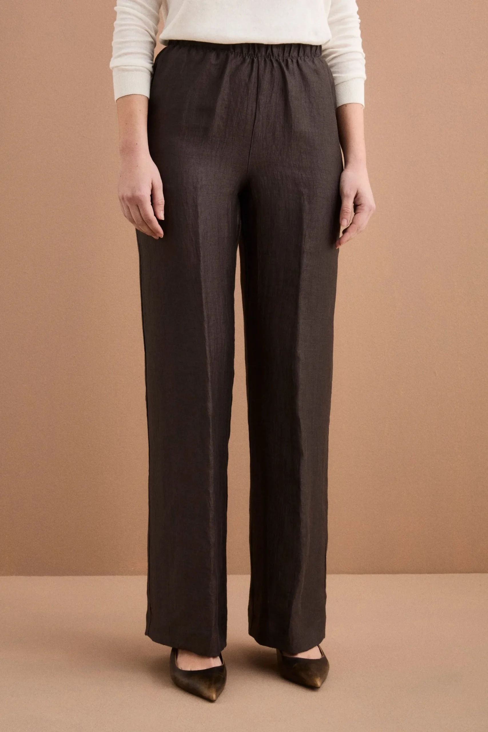 Pantalone Gamba Larga con Piega in Misto Lino - T.MORO