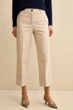 Pantalone Gamba Larga con Pieghe e Risvolto - GESSO