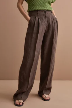 Pantalone Gamba Larga in Lino con Pinces - T.MORO