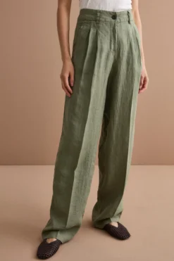 Pantalone Gamba Larga in Lino con Pinces - VERDE MILITARE