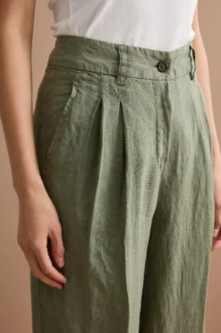 Pantalone Gamba Larga in Lino con Pinces - VERDE MILITARE