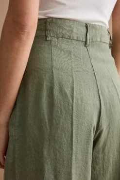 Pantalone Gamba Larga in Lino con Pinces - VERDE MILITARE