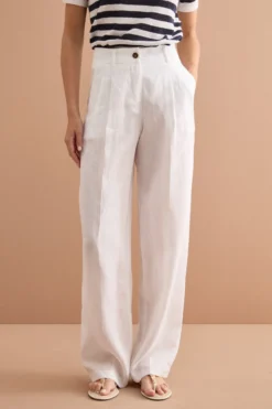 Pantalone Gamba Larga in Lino con Pinces - BIANCO