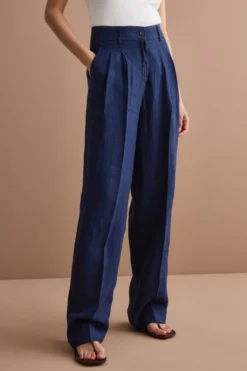 Pantalone Gamba Larga in Lino con Pinces - NAVY