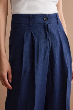 Pantalone Gamba Larga in Lino con Pinces - NAVY