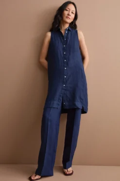 Pantalone Gamba Larga in Lino con Pinces - NAVY
