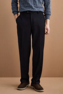 Pantalone Gamba Larga in Misto Lana con Piega - BLU SCURO