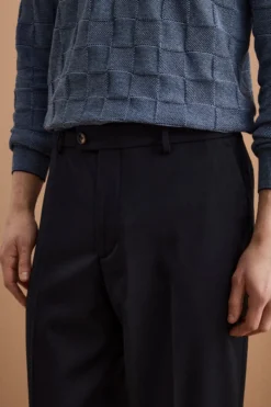 Pantalone Gamba Larga in Misto Lana con Piega - BLU SCURO