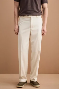 Pantalone Gamba Larga in Misto Lana con Piega - LATTE