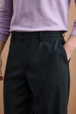 Pantalone Gamba Larga in Misto Lana con Piega - VERDE