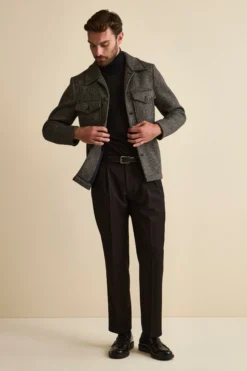 Pantalone Gamba Larga in Misto Lana con Pinces - NERO
