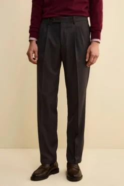 Pantalone Gamba Larga in Misto Lana con Pinces - GRIGIO SCURO