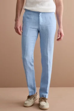 Pantalone in Lino a Sigaretta Regular Fit - AZZURRO