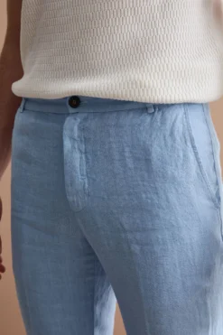 Pantalone in Lino a Sigaretta Regular Fit - AZZURRO