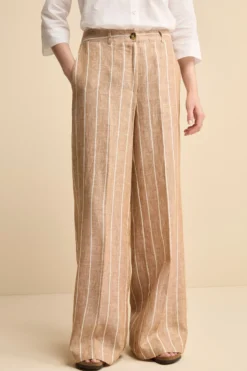 Pantalone Morbido Gessato in Lino - MARRONE RIGATO