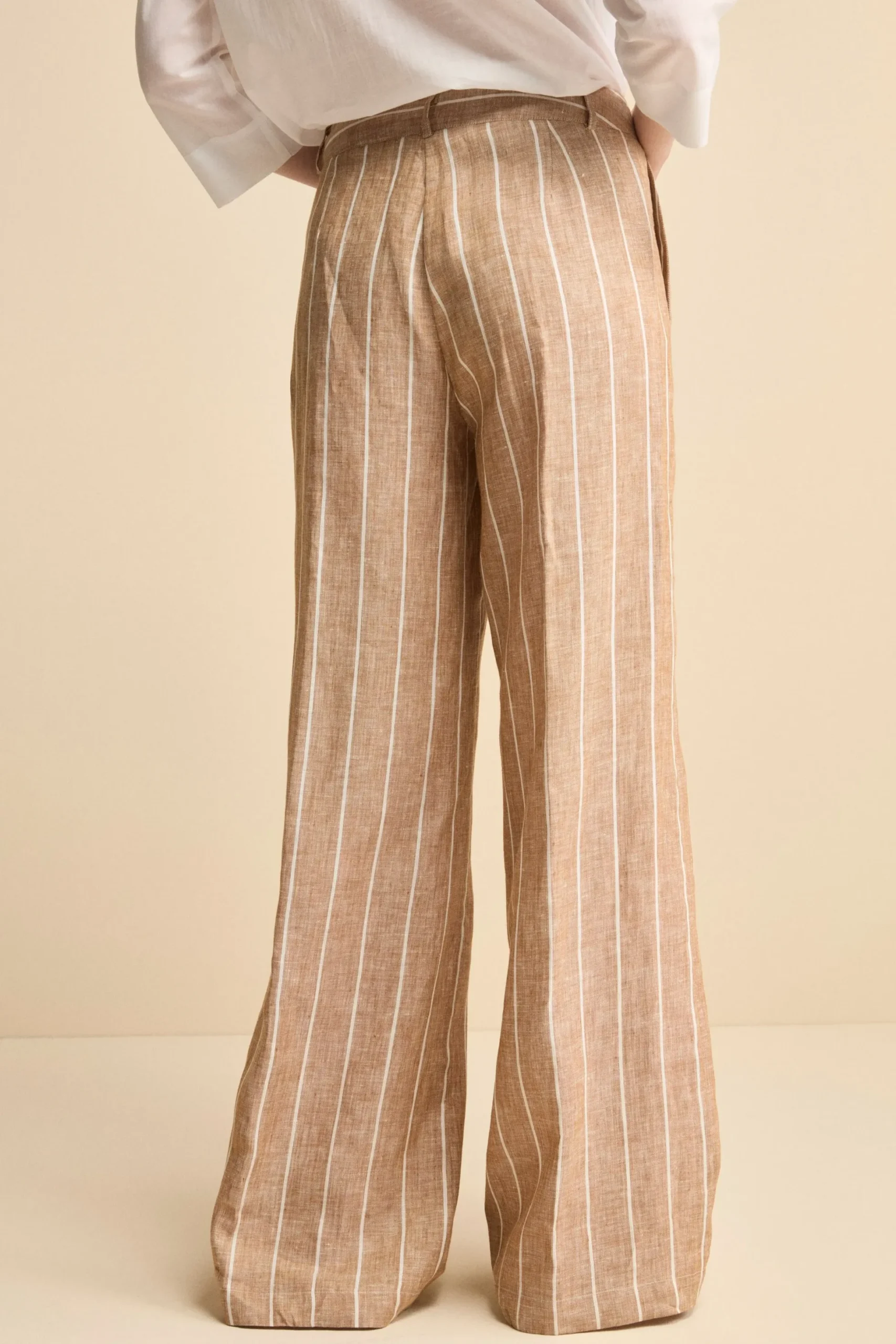 Pantalone Morbido Gessato in Lino - MARRONE RIGATO