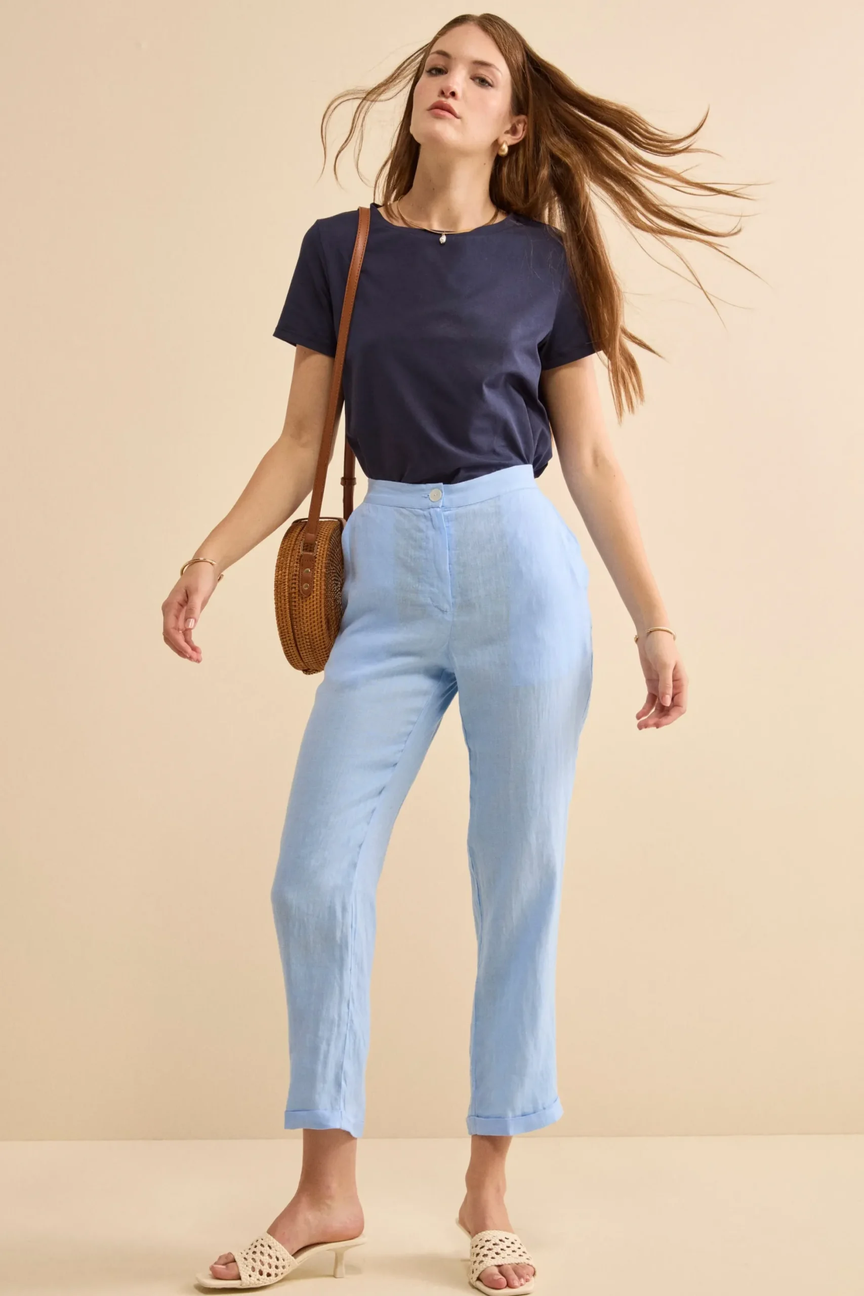 Pantalone Over in Lino con Elastico - AZZURRO