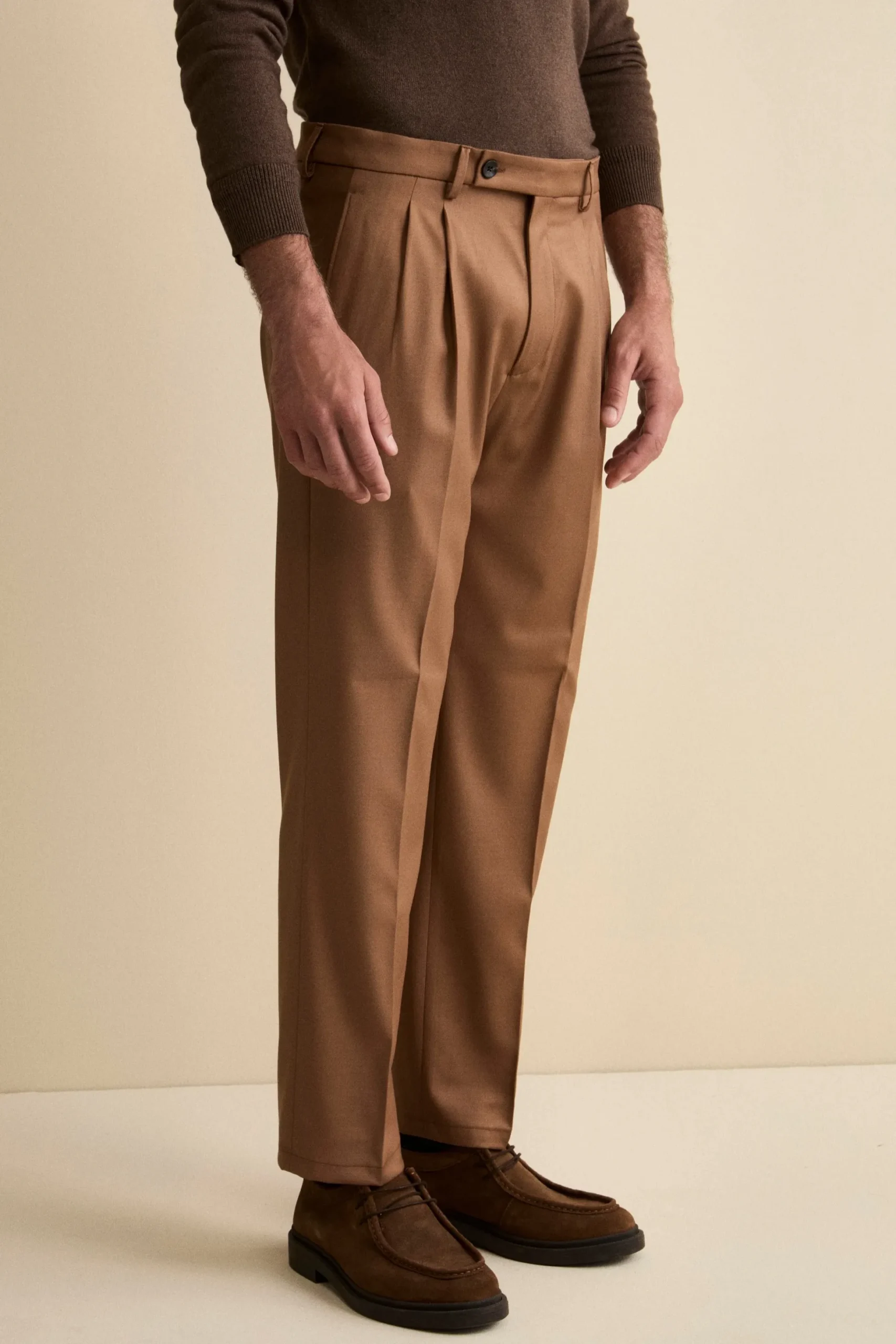 Pantalone Pinces Gamba Larga in Misto Lana - CAMMELLO
