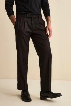Pantalone Pinces Gamba Larga in Misto Lana - NERO