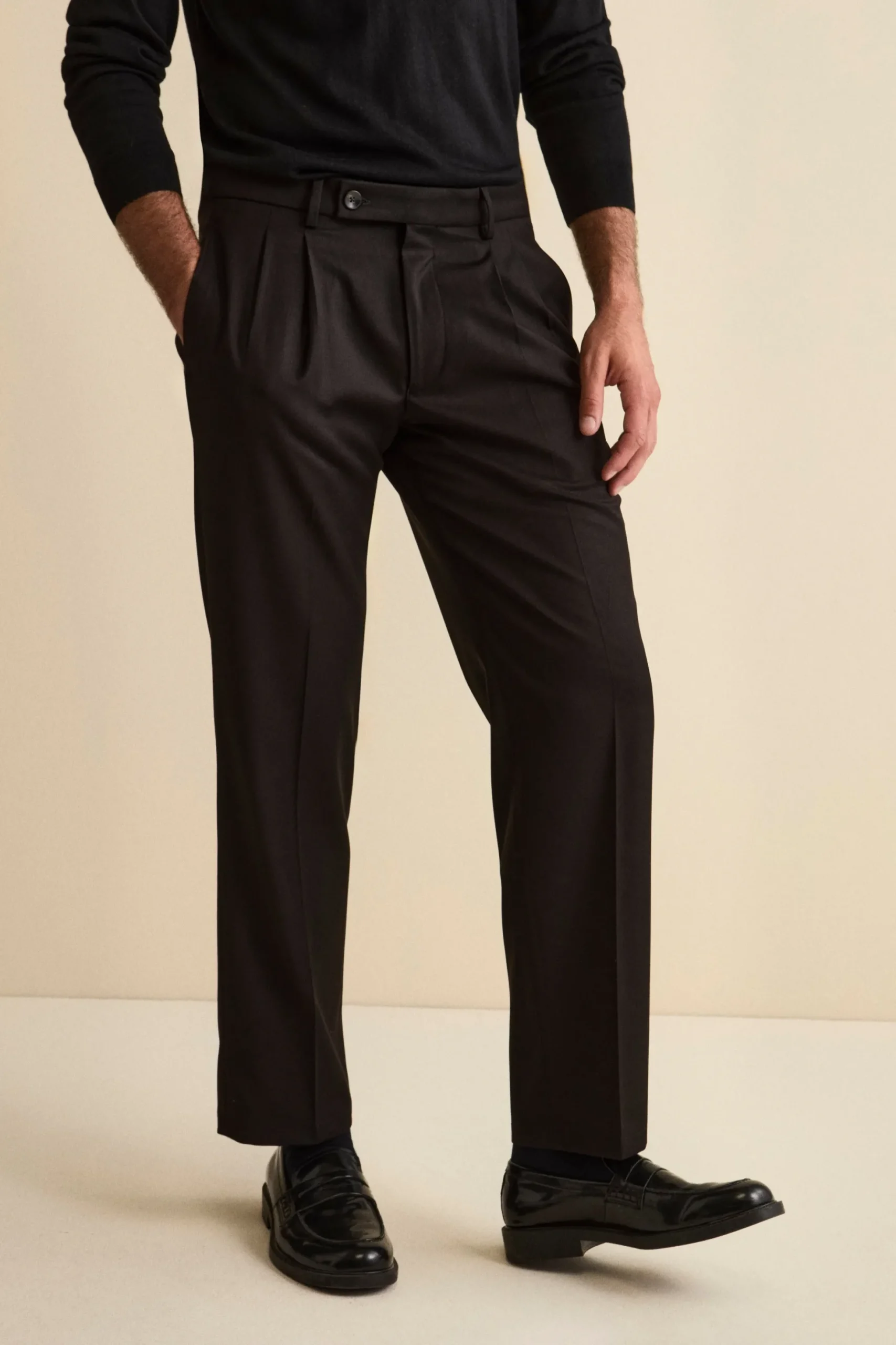 Pantalone Pinces Gamba Larga in Misto Lana - NERO