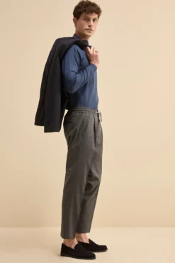Pantalone Slim Fit con Coulisse in Misto Lana - GRIGIO MEDIO MELANGE