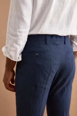 Pantalone Slim Fit in Lino con Pieghe - BLU