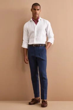 Pantalone Slim Fit in Lino con Pieghe - BLU