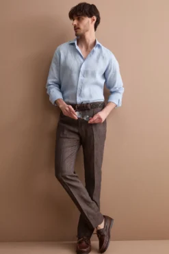 Pantalone Slim Fit in Lino con Pieghe - MARRONE