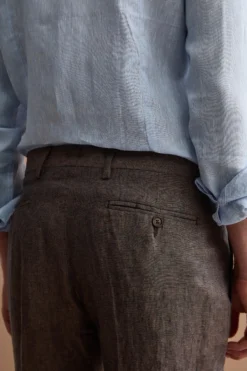 Pantalone Slim Fit in Lino con Pieghe - MARRONE