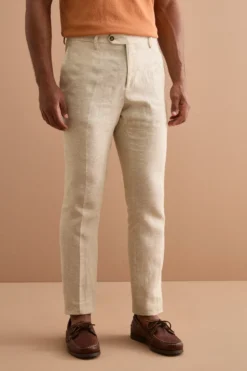 Pantalone Slim Fit in Lino con Pieghe - BEIGE