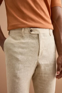 Pantalone Slim Fit in Lino con Pieghe - BEIGE