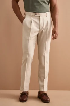 Pantalone Slim Fit in misto lana con Pinces e Risvolto - BEIGE