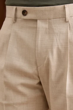 Pantalone Slim Fit in misto lana con Pinces e Risvolto - BEIGE