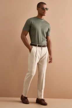 Pantalone Slim Fit in misto lana con Pinces e Risvolto - BEIGE