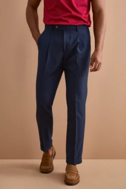 Pantalone Slim Fit in misto lana con Pinces e Risvolto - BLU
