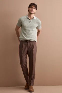 Pantalone Slim Fit in misto lana con Pinces e Risvolto - MARRONE