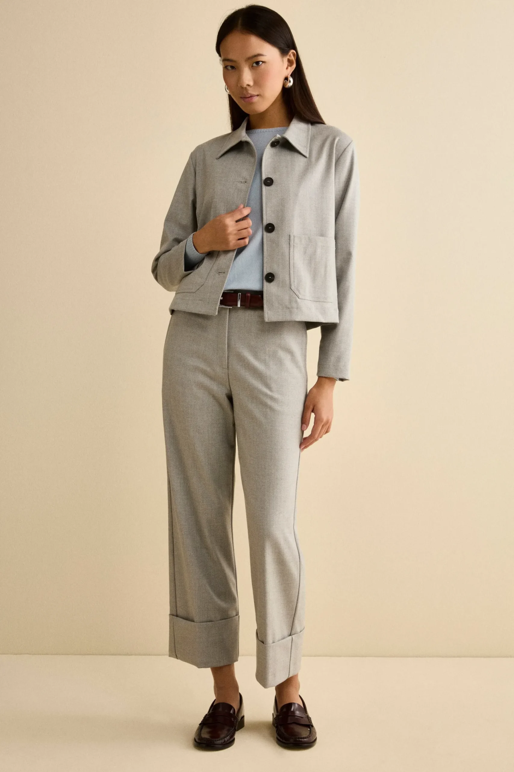 Pantalone Spigato a Gamba Larga con Risvolto - GRIGIO SPIGATO