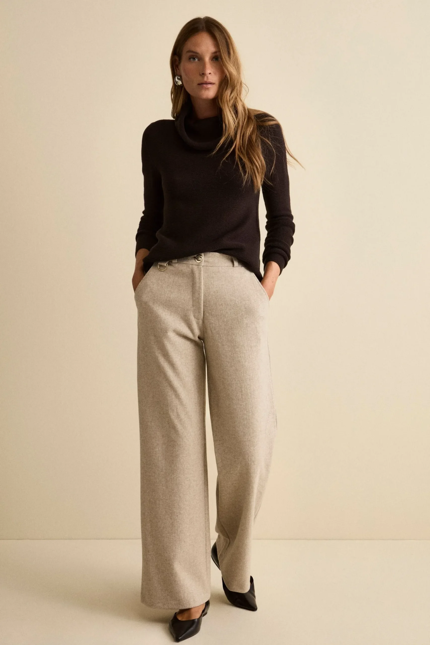 Pantalone Spigato a Gamba Larga - BEIGE SPIGATO