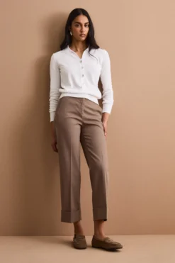 Pantalone Straight con Risvolto in Misto Cotone Piquet - CAFFE
