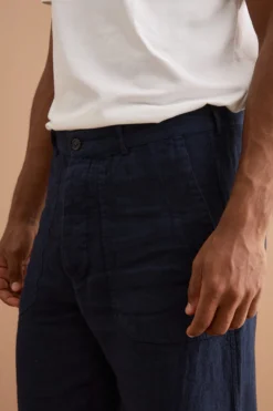 Pantalone Straight in Lino con Tasche e Alamaro - BLU