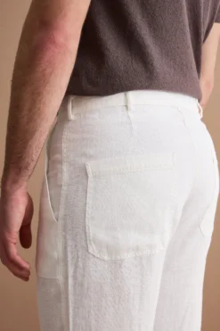 Pantalone Straight in Lino con Tasche e Alamaro - PANNA