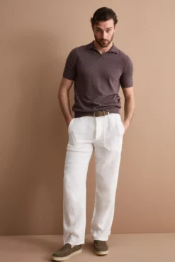 Pantalone Straight in Lino con Tasche e Alamaro - PANNA