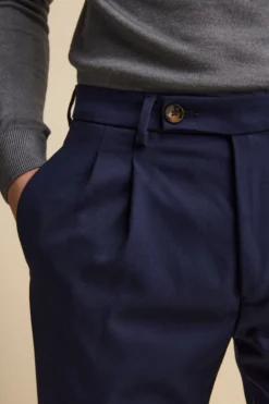 Pantalone Straight in Misto Lana con Pinces e Risvolto - BLU