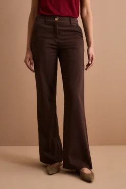 Pantalone Twill Gamba Larga in Misto Cotone - MARRONE