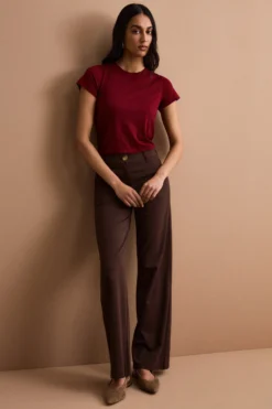 Pantalone Twill Gamba Larga in Misto Cotone - MARRONE