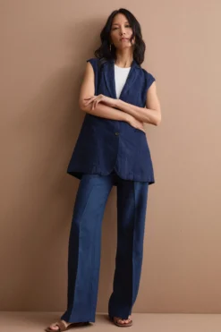 Pantalone Wide Leg in Lino - NAVY