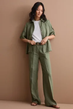 Pantalone Wide Leg in Lino - VERDE MILITARE