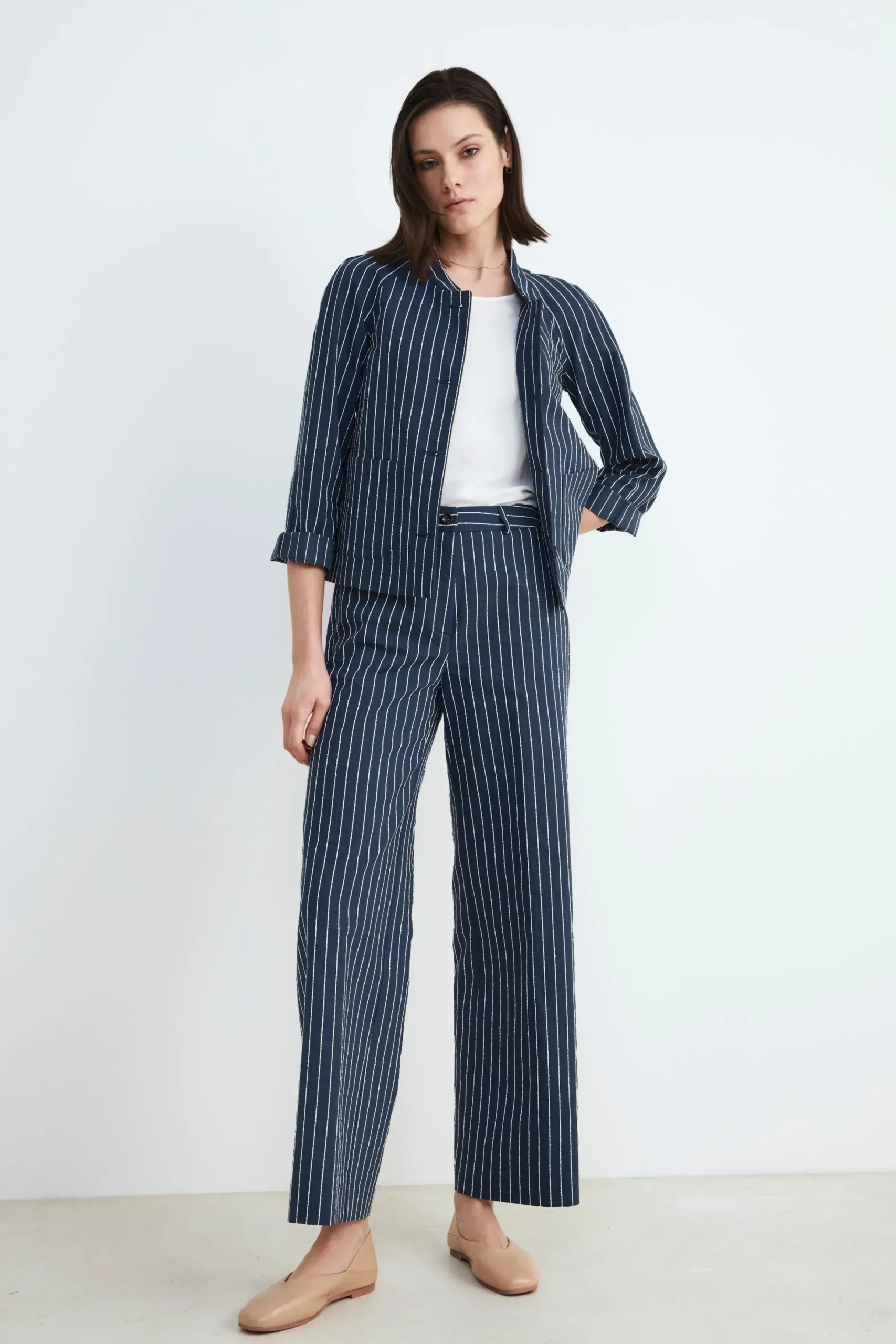Pantaloni a palazzo gessati - RIGATO BLU/BEIGE
