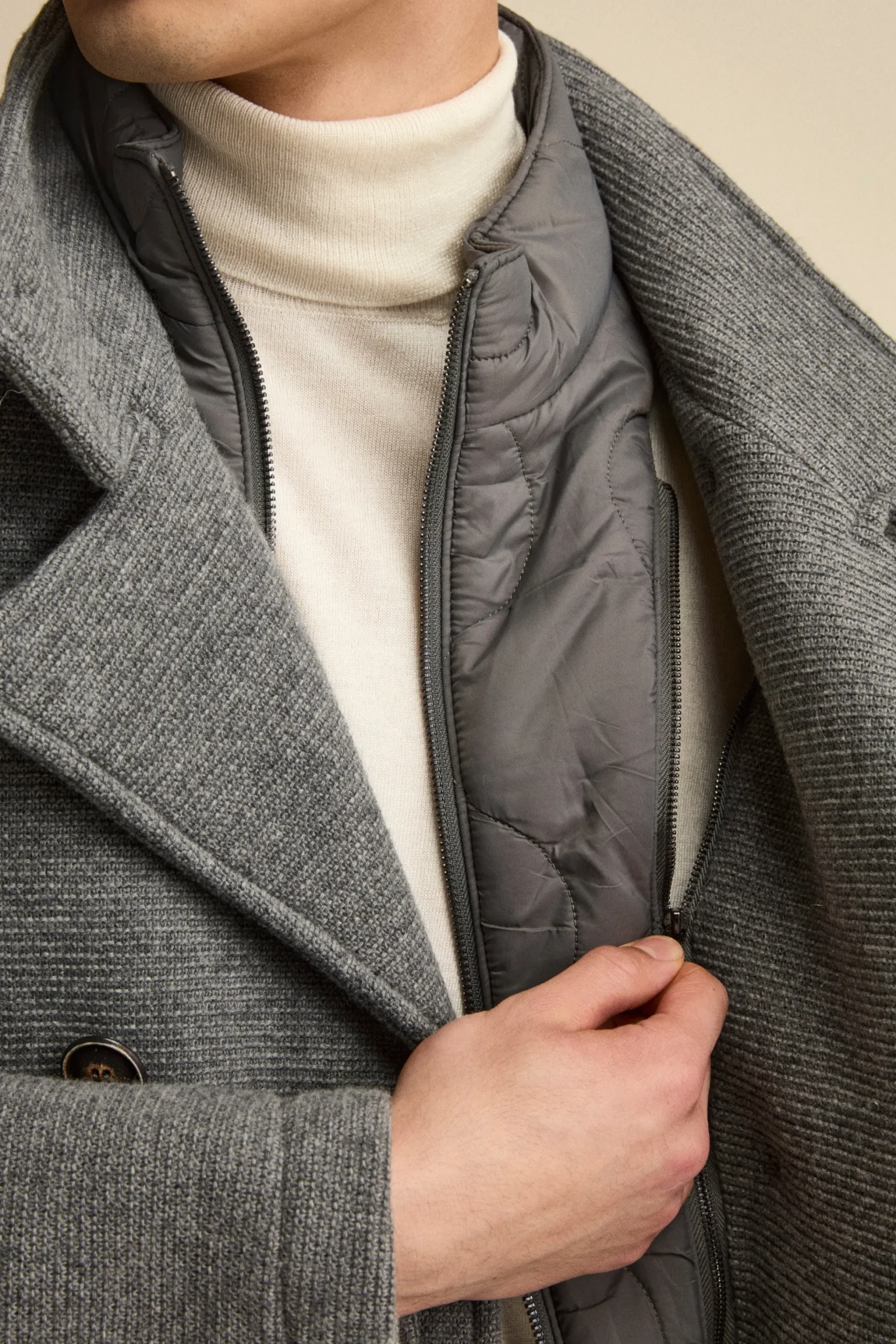 Peacoat Doppiopetto in Misto Lana con Pettorina - GRIGIO MELANGE